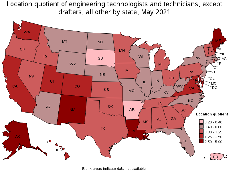 Map of location quotient of engineering technologists and technicians, except drafters, all other by state, May 2021