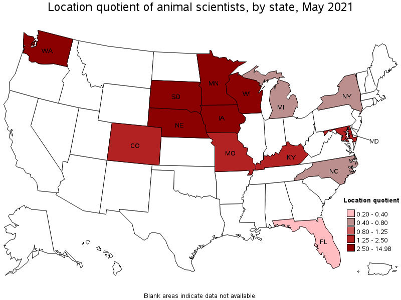 Map of location quotient of animal scientists by state, May 2021