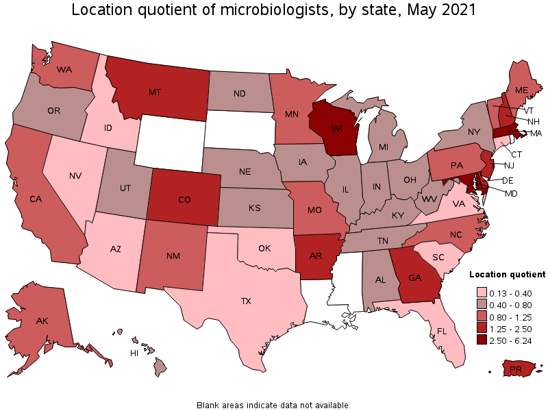 Map of location quotient of microbiologists by state, May 2021
