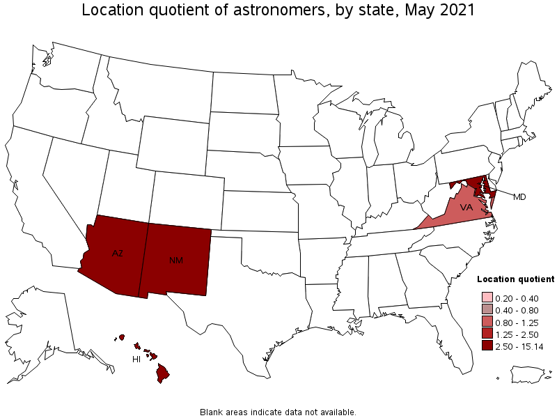 Map of location quotient of astronomers by state, May 2021