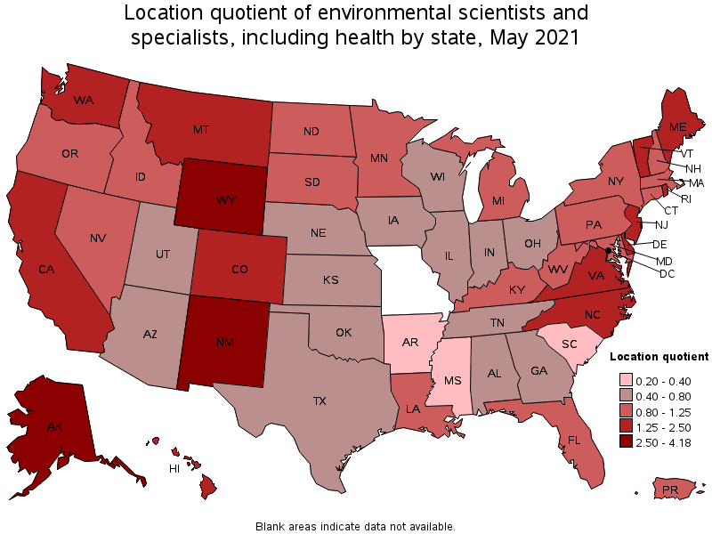 Map of location quotient of environmental scientists and specialists, including health by state, May 2021