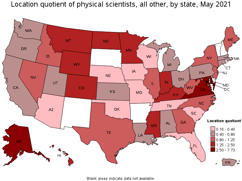 Map of location quotient of physical scientists, all other by state, May 2021