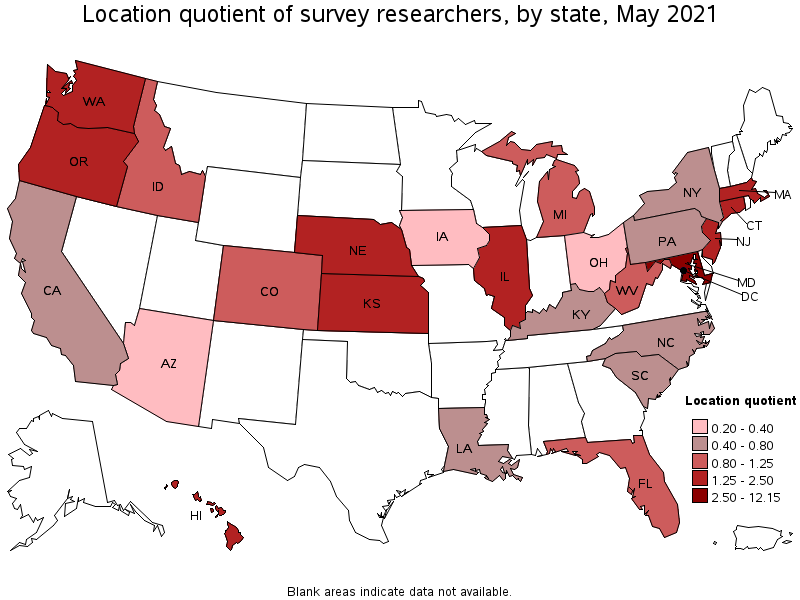 Map of location quotient of survey researchers by state, May 2021