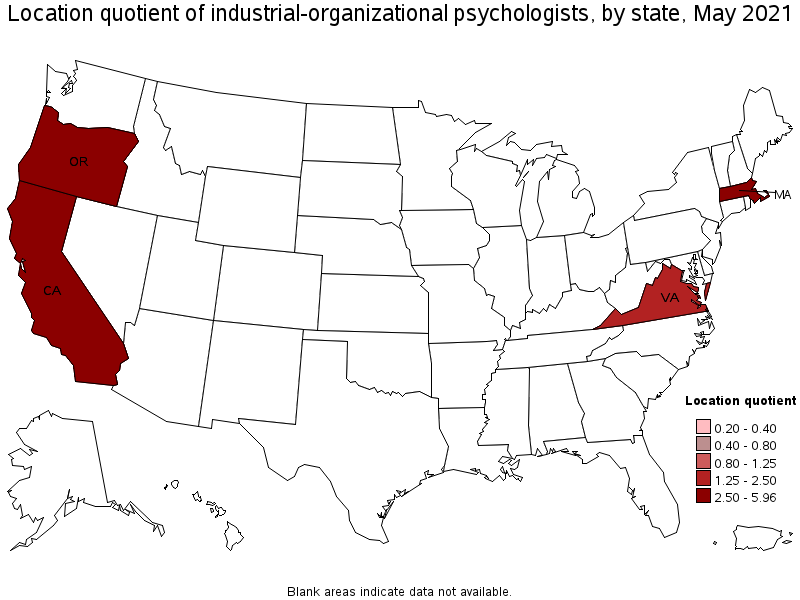 Map of location quotient of industrial-organizational psychologists by state, May 2021