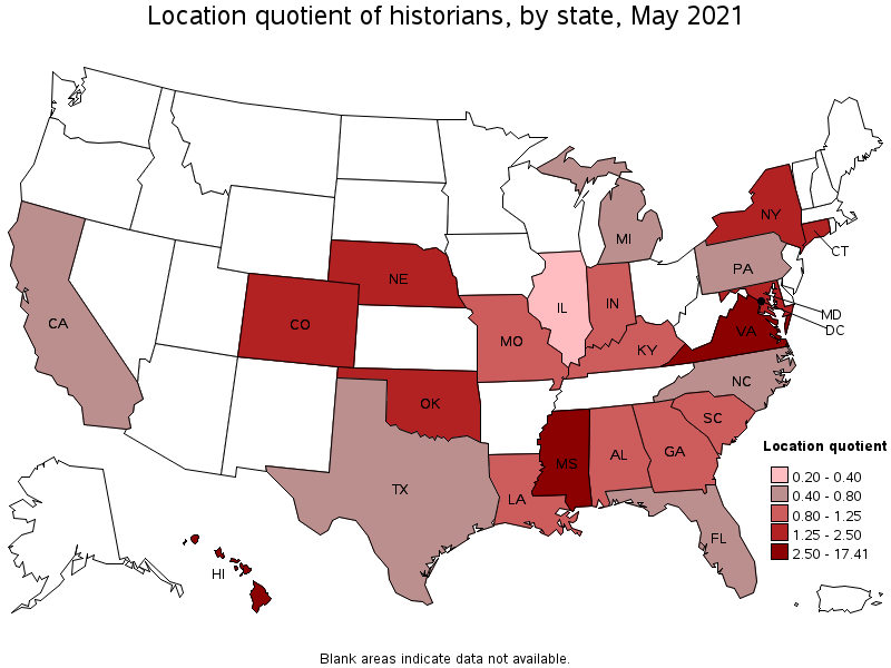 Map of location quotient of historians by state, May 2021