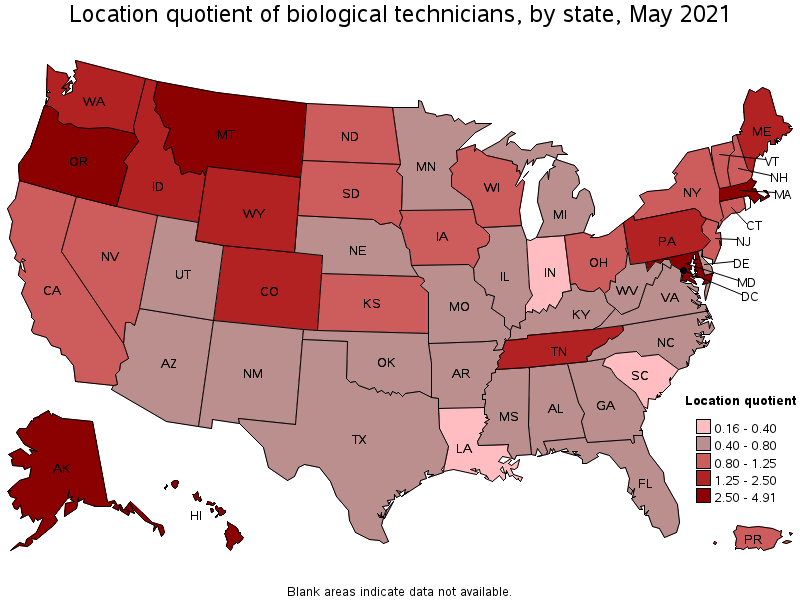 Map of location quotient of biological technicians by state, May 2021