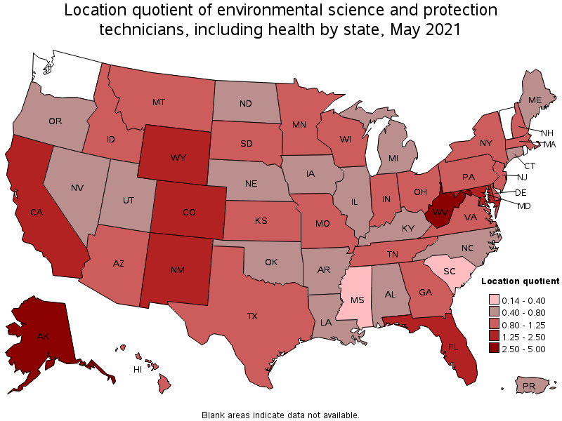 Map of location quotient of environmental science and protection technicians, including health by state, May 2021