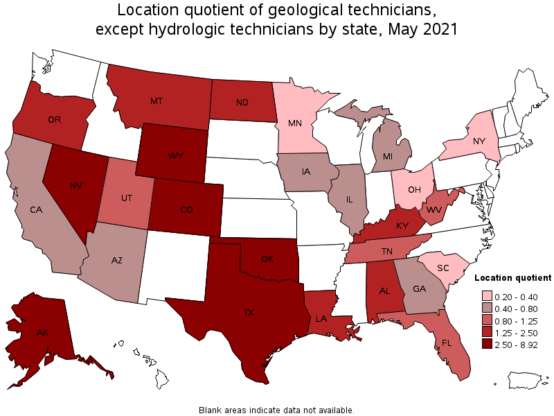 Map of location quotient of geological technicians, except hydrologic technicians by state, May 2021