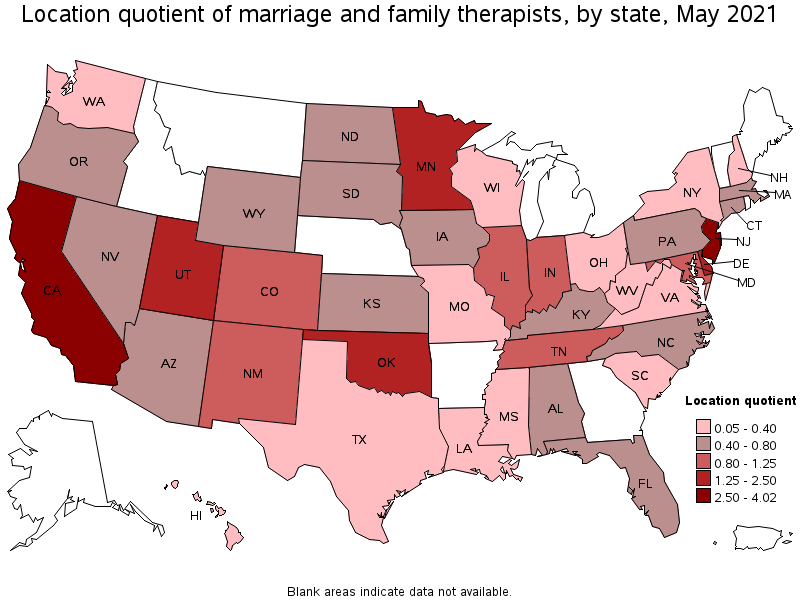 Map of location quotient of marriage and family therapists by state, May 2021