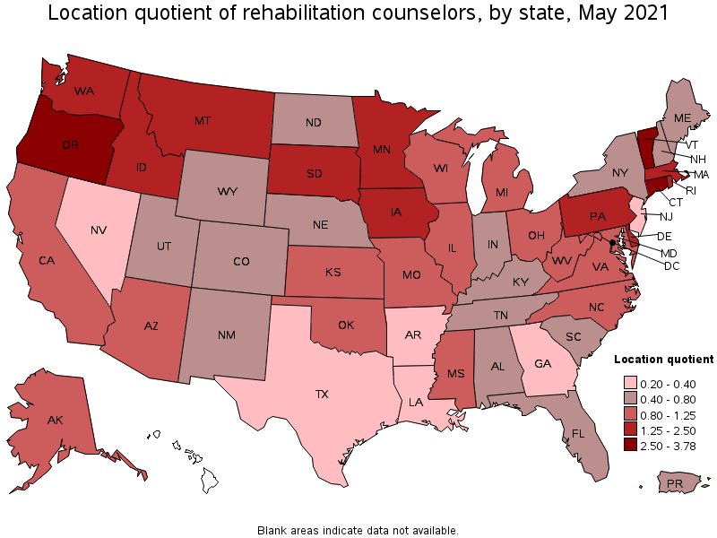 Map of location quotient of rehabilitation counselors by state, May 2021