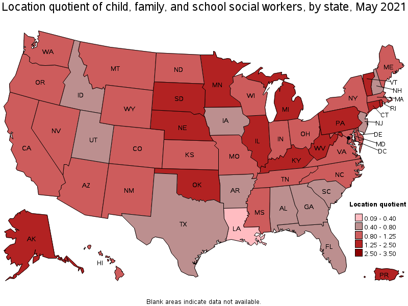 Map of location quotient of child, family, and school social workers by state, May 2021