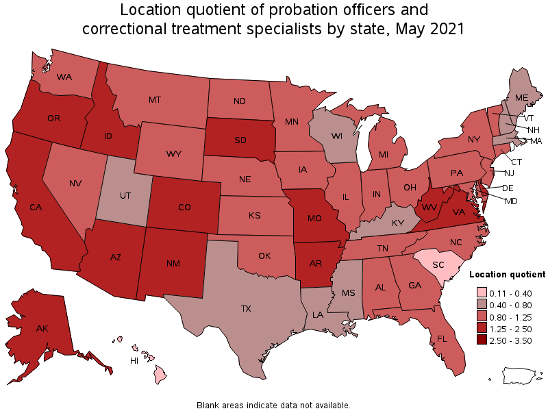 Map of location quotient of probation officers and correctional treatment specialists by state, May 2021