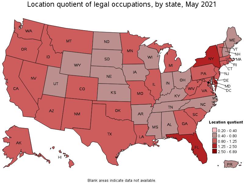 Map of location quotient of legal occupations by state, May 2021