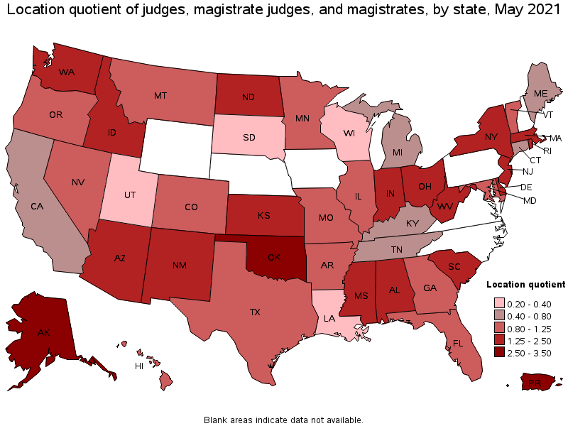 Map of location quotient of judges, magistrate judges, and magistrates by state, May 2021