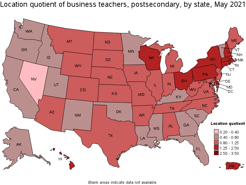 Map of location quotient of business teachers, postsecondary by state, May 2021