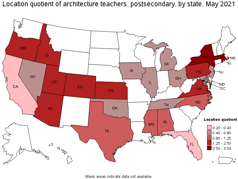 Map of location quotient of architecture teachers, postsecondary by state, May 2021