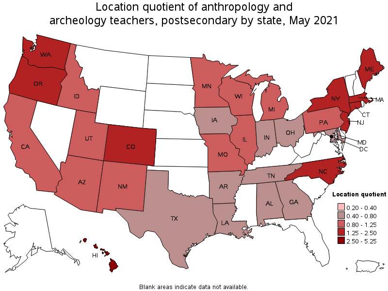 Map of location quotient of anthropology and archeology teachers, postsecondary by state, May 2021