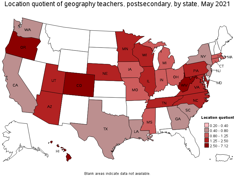 Map of location quotient of geography teachers, postsecondary by state, May 2021