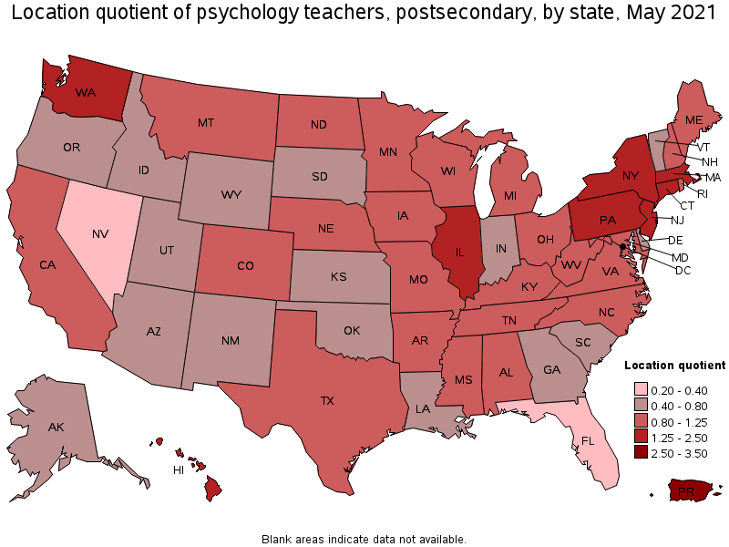 Map of location quotient of psychology teachers, postsecondary by state, May 2021