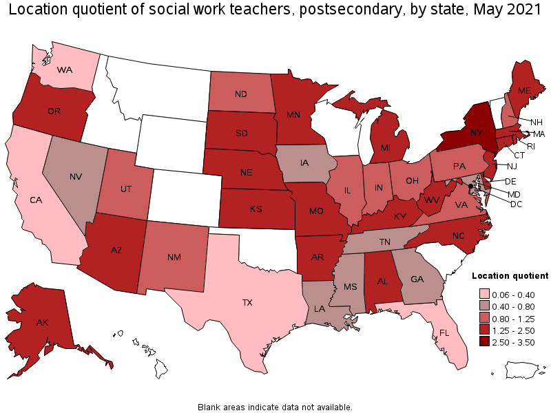 Map of location quotient of social work teachers, postsecondary by state, May 2021