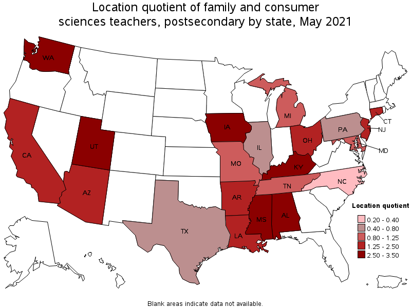 Map of location quotient of family and consumer sciences teachers, postsecondary by state, May 2021