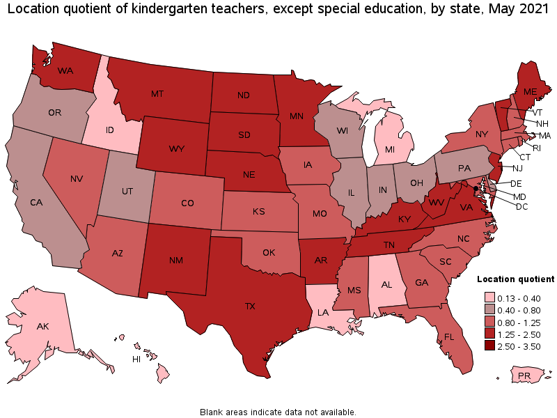 Map of location quotient of kindergarten teachers, except special education by state, May 2021