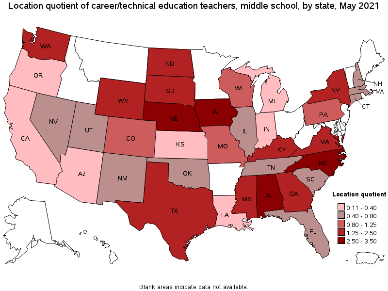 Map of location quotient of career/technical education teachers, middle school by state, May 2021