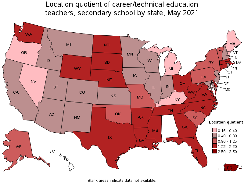 Map of location quotient of career/technical education teachers, secondary school by state, May 2021