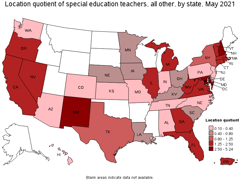 Map of location quotient of special education teachers, all other by state, May 2021