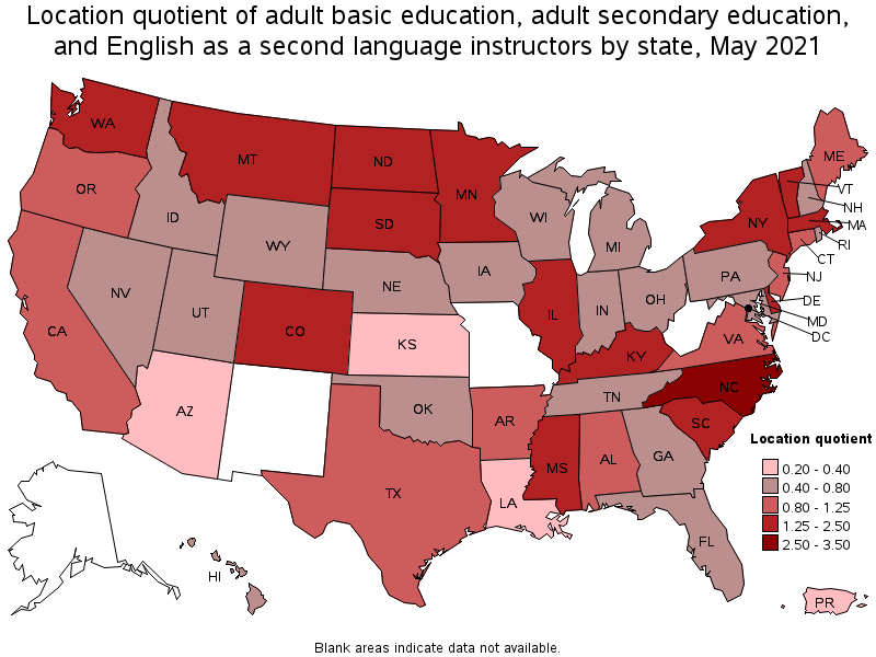 Map of location quotient of adult basic education, adult secondary education, and english as a second language instructors by state, May 2021