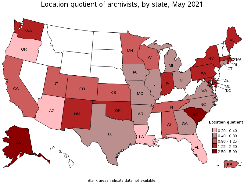 Map of location quotient of archivists by state, May 2021