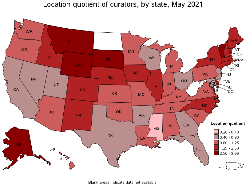 Map of location quotient of curators by state, May 2021