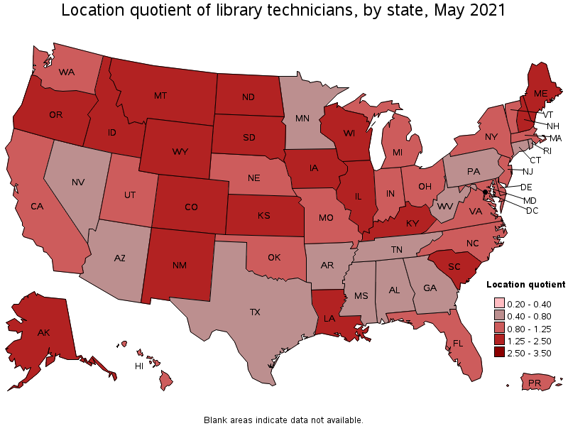 Map of location quotient of library technicians by state, May 2021