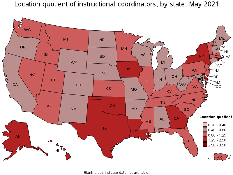 Map of location quotient of instructional coordinators by state, May 2021