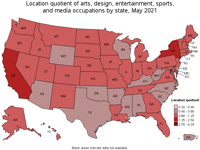 Map of location quotient of arts, design, entertainment, sports, and media occupations by state, May 2021