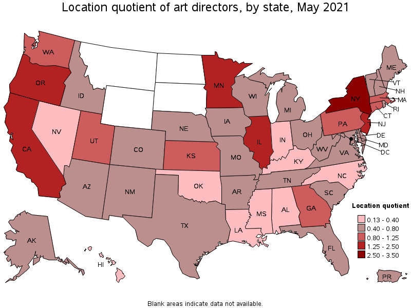 Map of location quotient of art directors by state, May 2021