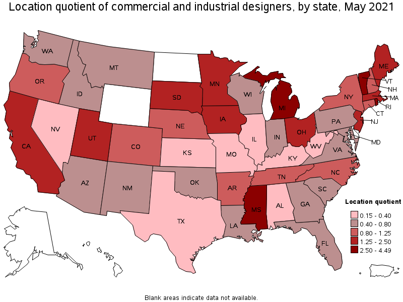 Map of location quotient of commercial and industrial designers by state, May 2021