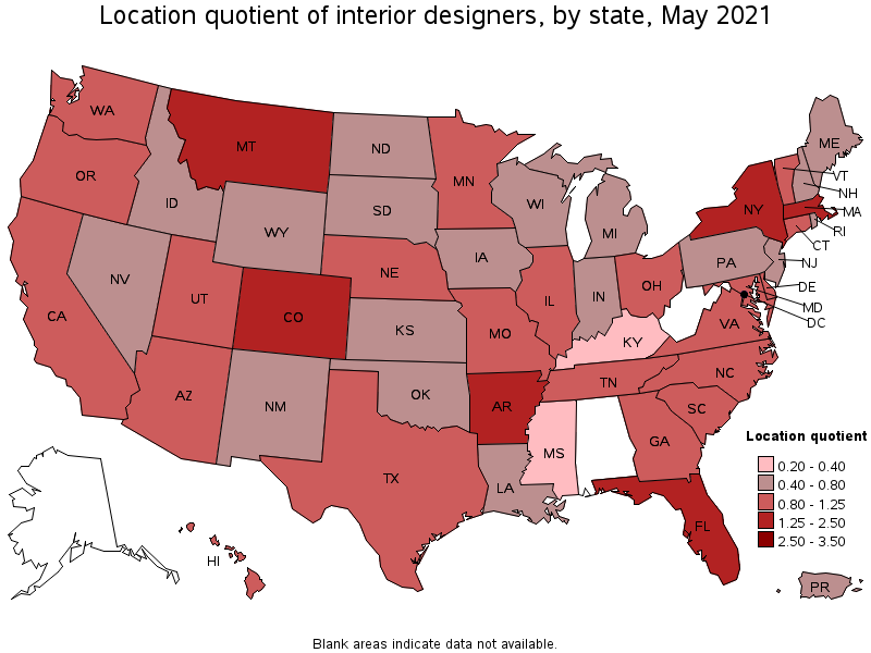 Map of location quotient of interior designers by state, May 2021