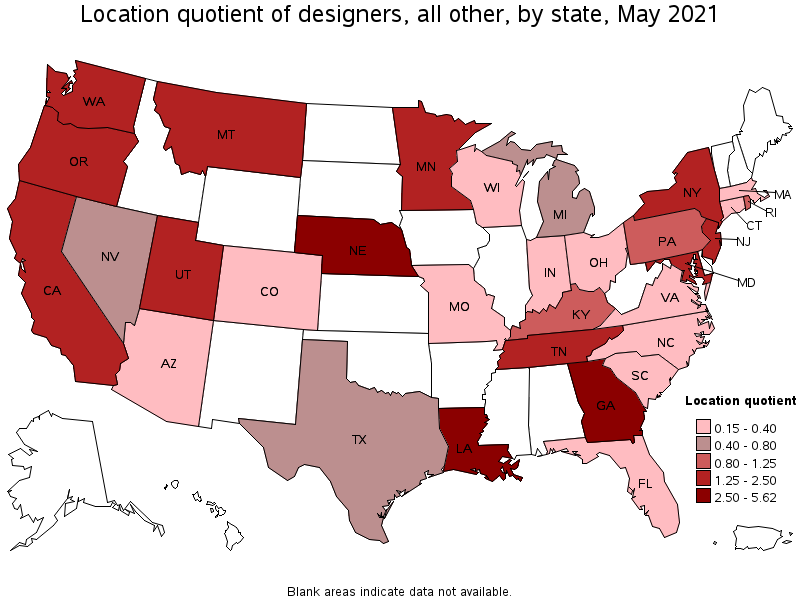 Map of location quotient of designers, all other by state, May 2021