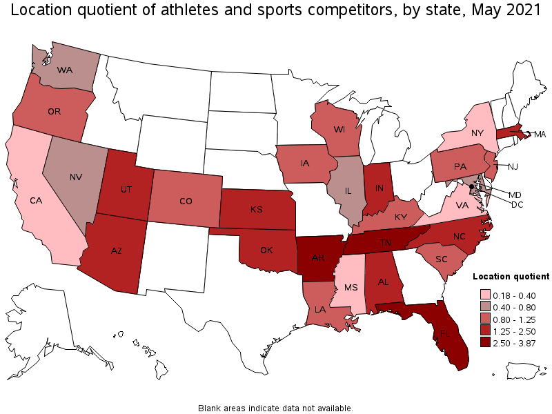 Map of location quotient of athletes and sports competitors by state, May 2021