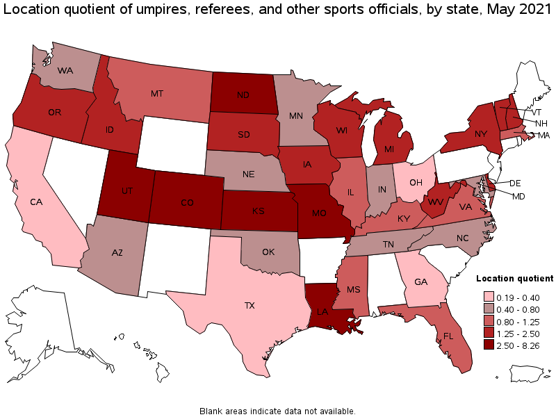 Map of location quotient of umpires, referees, and other sports officials by state, May 2021