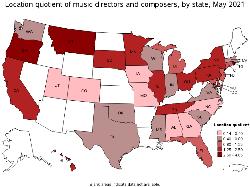 Map of location quotient of music directors and composers by state, May 2021