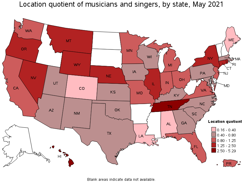 Map of location quotient of musicians and singers by state, May 2021