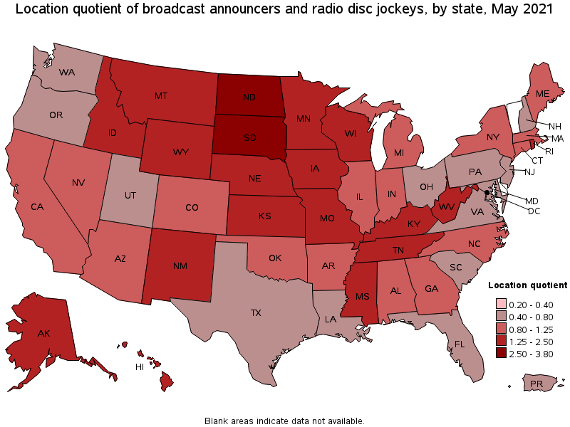Map of location quotient of broadcast announcers and radio disc jockeys by state, May 2021