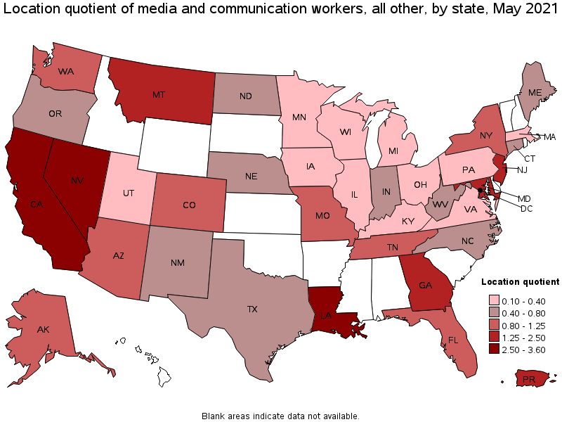 Map of location quotient of media and communication workers, all other by state, May 2021