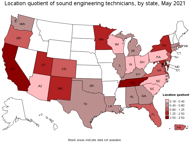 Map of location quotient of sound engineering technicians by state, May 2021