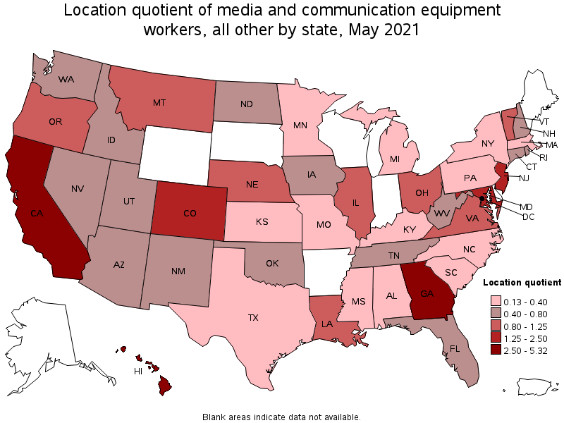 Map of location quotient of media and communication equipment workers, all other by state, May 2021