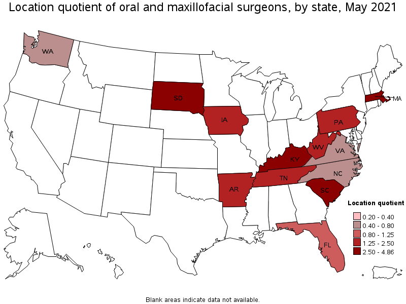 Map of location quotient of oral and maxillofacial surgeons by state, May 2021