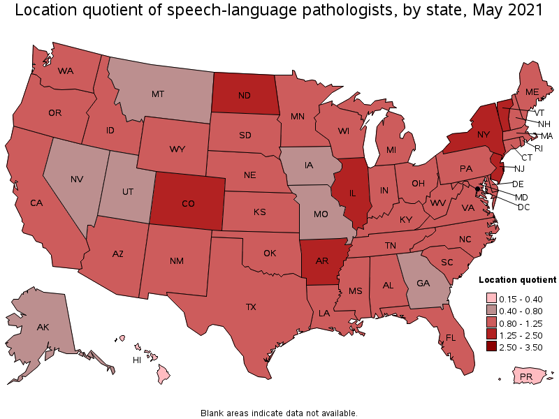 Map of location quotient of speech-language pathologists by state, May 2021