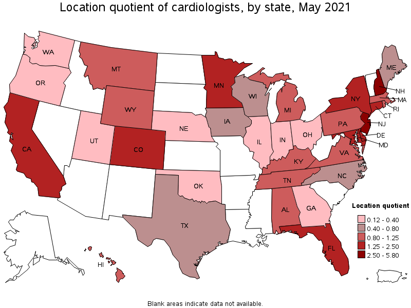 Map of location quotient of cardiologists by state, May 2021